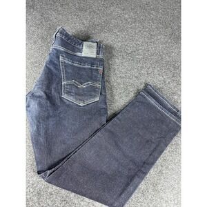 Replay Waitom Jeans Mens 34x32 Blue Denim Straight Leg Button Fly Classic Fit